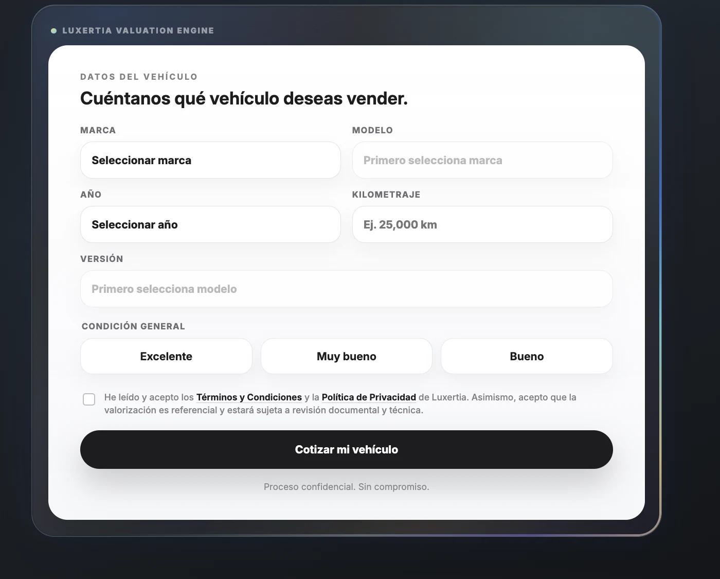 Vista previa del cotizador LUXERTIA Valuation Engine